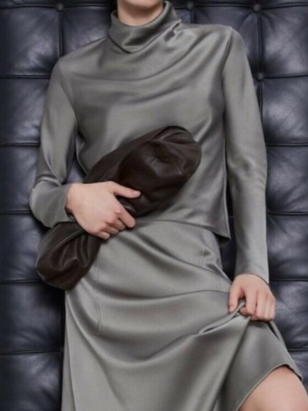 Elegant Gray Satin Turtleneck two pieces set. Blouse is size M skirt is size XS.